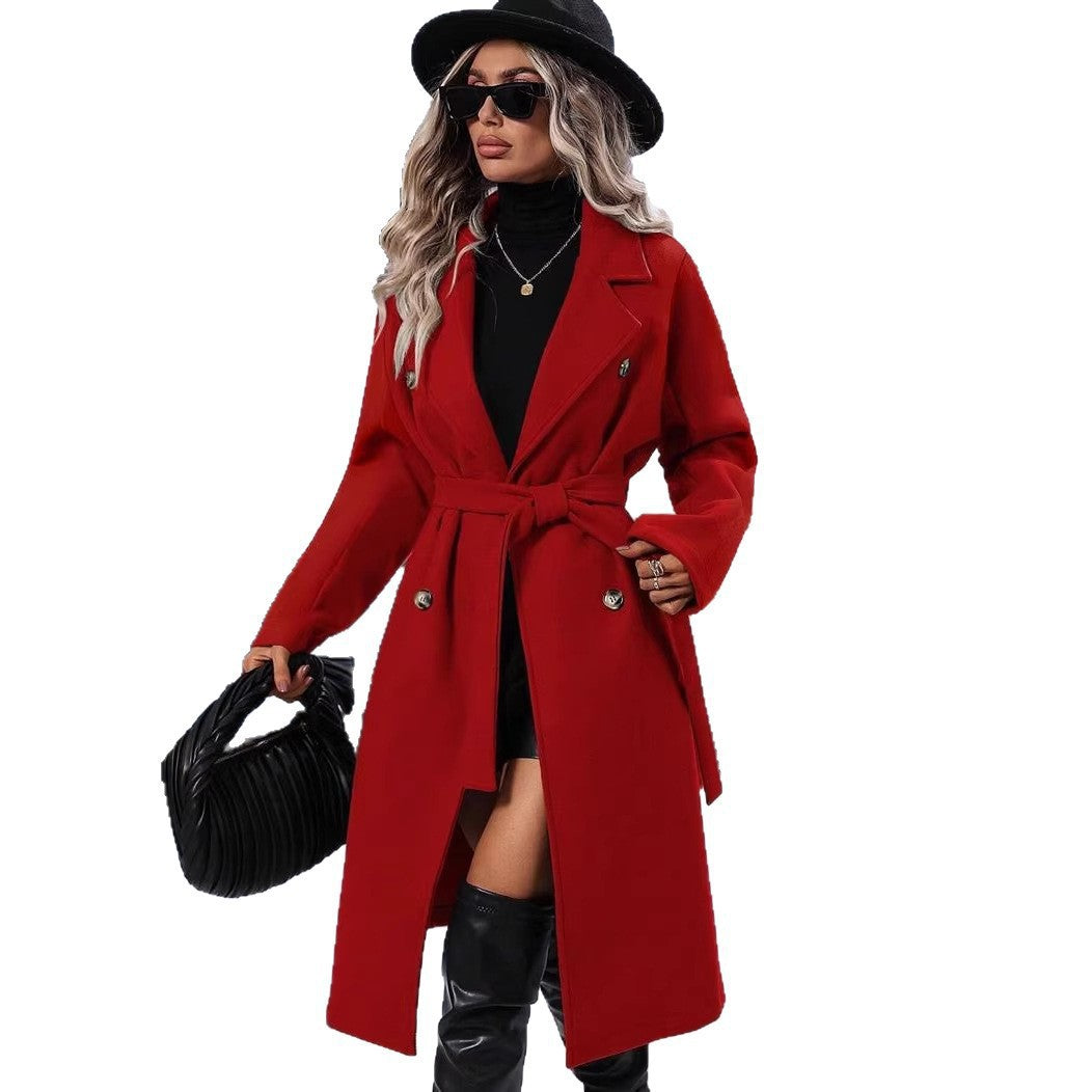 Women Tailored Coat with Tie Belt, Double Button Placket and Distinctive Lapel Mune Fashion