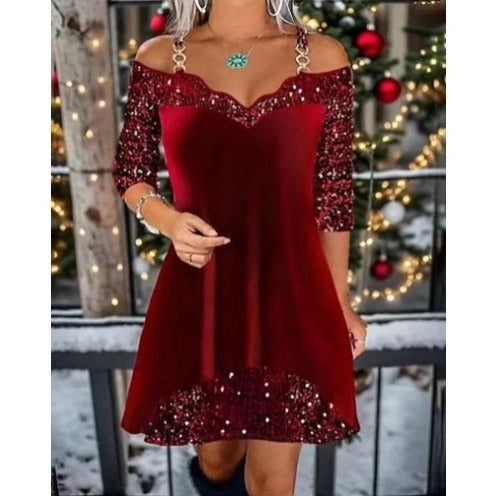 Women's off-shoulder sequin swing dress with delicate chain straps, elbow-length sleeves, and ruffle trim Mune Fashion