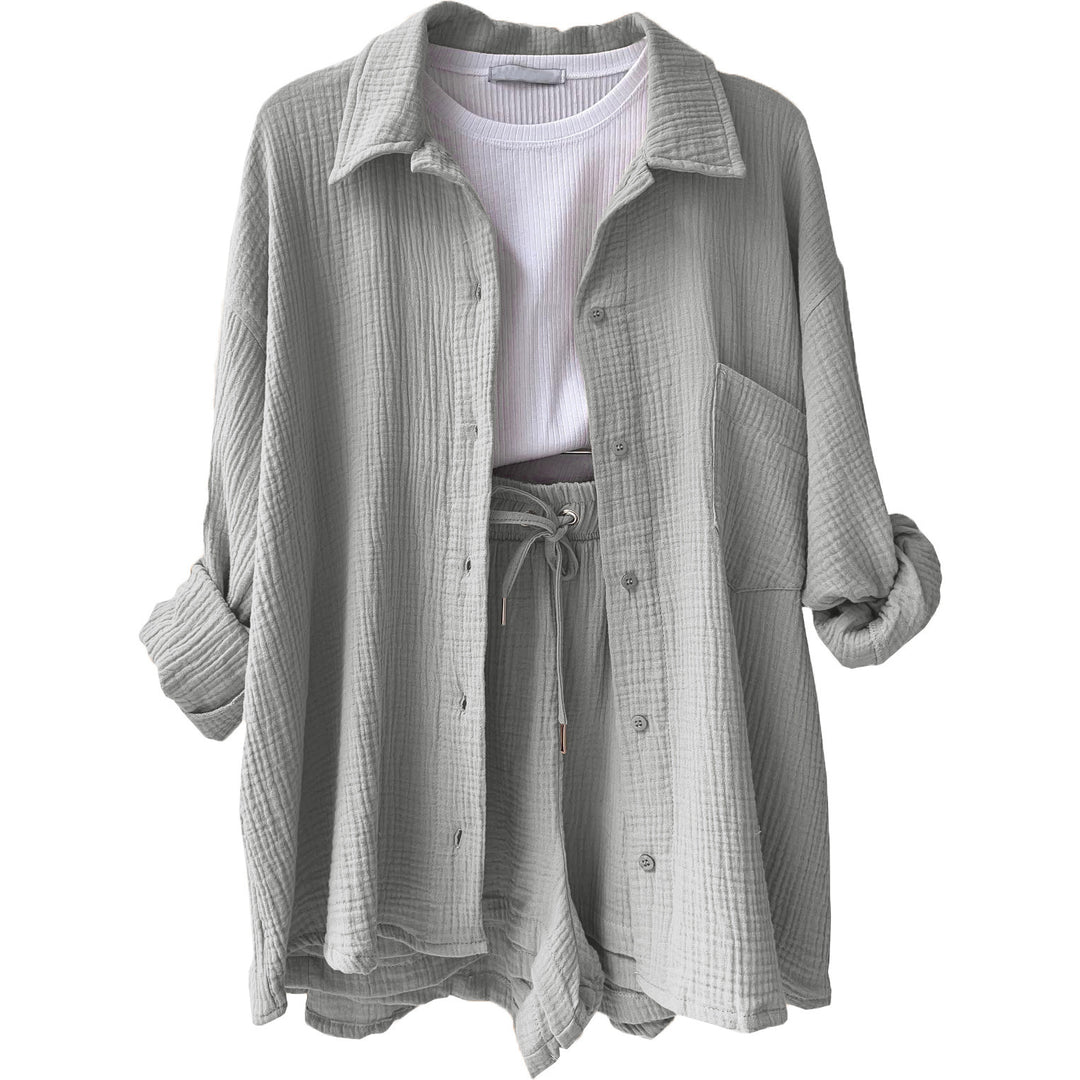 Women's casual oversized shirt and shorts set with chest pocket, drawstring, and brushed cotton texture Mune Fashion