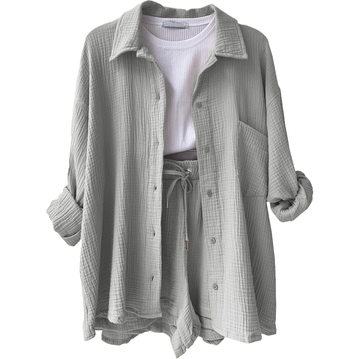 Women's casual oversized shirt and shorts set with chest pocket, drawstring, and brushed cotton texture Mune Fashion