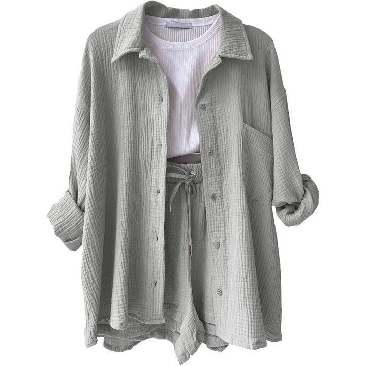 Women's casual oversized shirt and shorts set with chest pocket, drawstring, and brushed cotton texture Mune Fashion