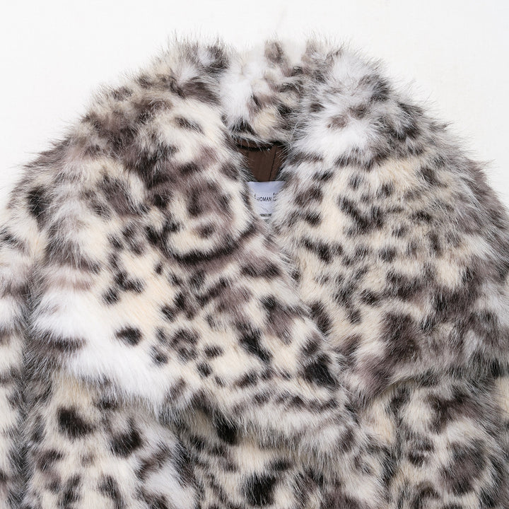 Women's Short Faux Fur Coat with Leopard Print and Shawl Collar Mune Fashion