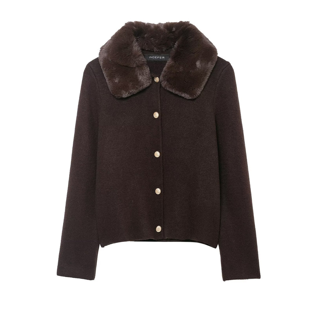 Women Short-Cut Knitted Cardigan with Detachable Faux-Fur Collar Mune Fashion