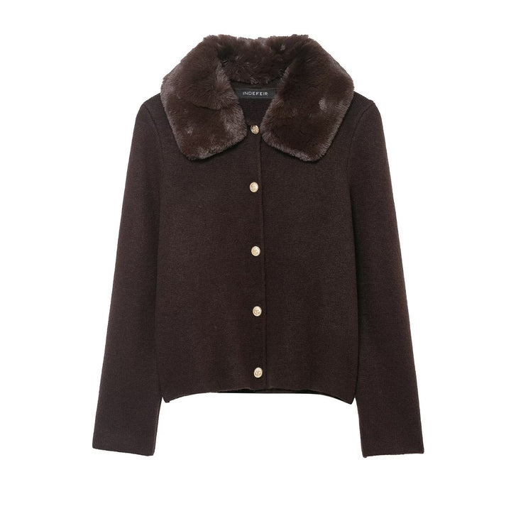 Women Short-Cut Knitted Cardigan with Detachable Faux-Fur Collar Mune Fashion