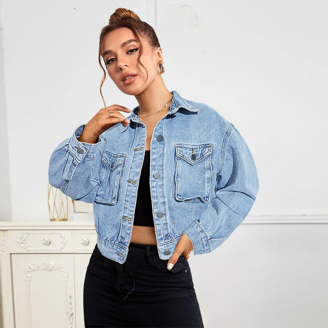 Women Cropped Boxy Denim Jacket with Patch Chest Pockets and Short Hem Mune Fashion