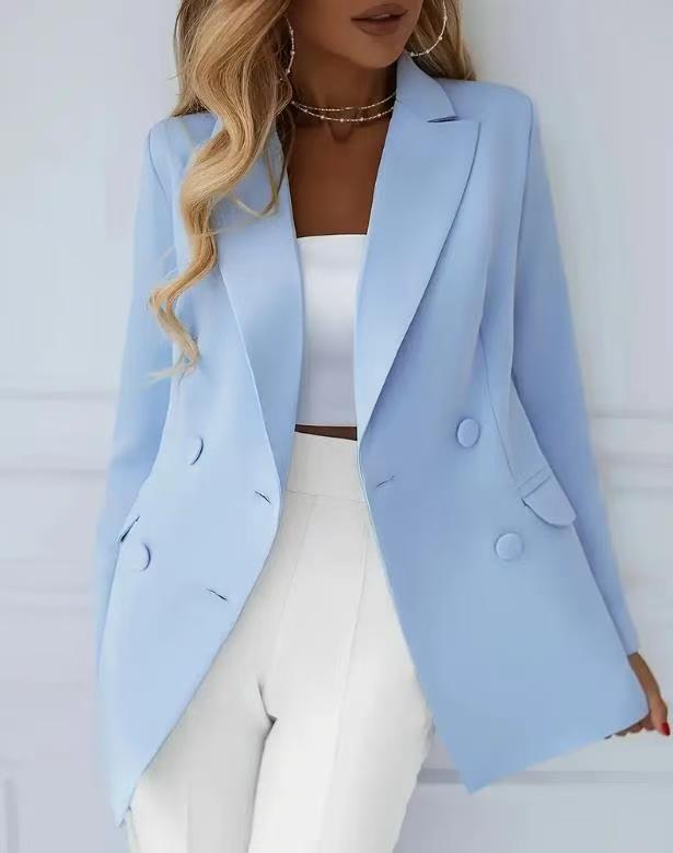 Women Elegant tailored long blazer with fabric-covered buttons Mune Fashion