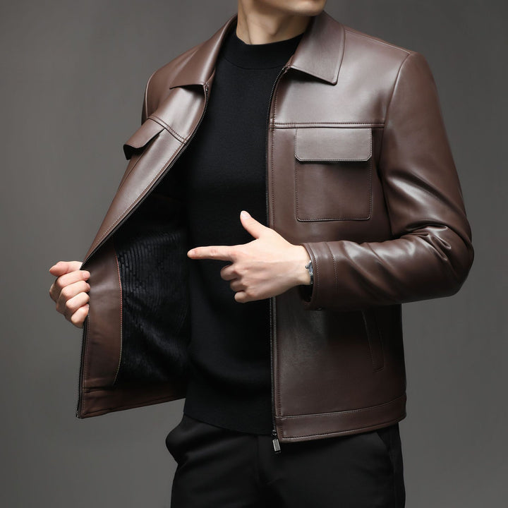 Men Smooth Leather Look Blouson with Chest Flaps and Zipper Mune Fashion