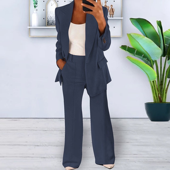 Women’s office-appropriate pantsuit set with wide trousers and tailored blazer Mune Fashion