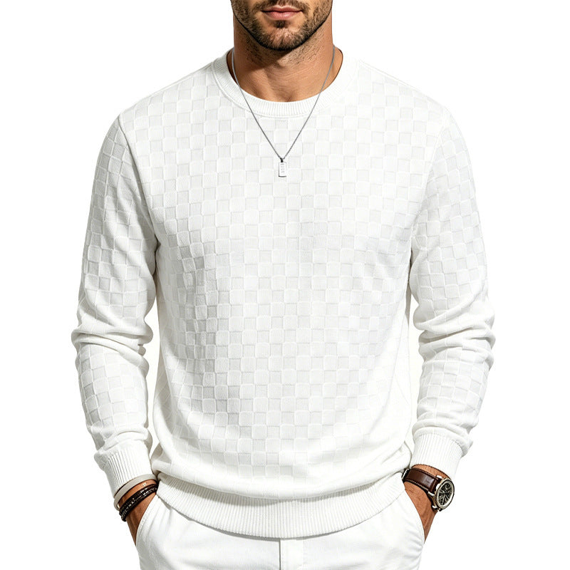 Men's Plaid Fine Knit Crew Neck Sweater with Subtle Check Structure Mune Fashion
