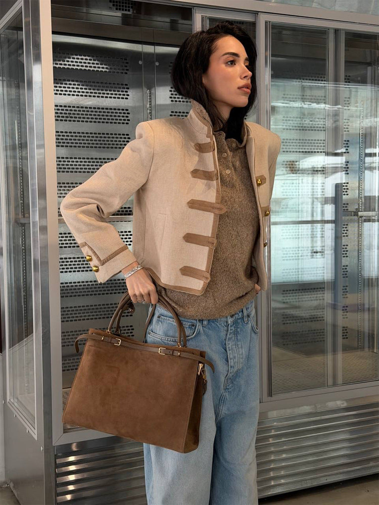 Women's Short Military-Inspired Jacket with Stand-Up Collar and Decorative Button Placket Mune Fashion