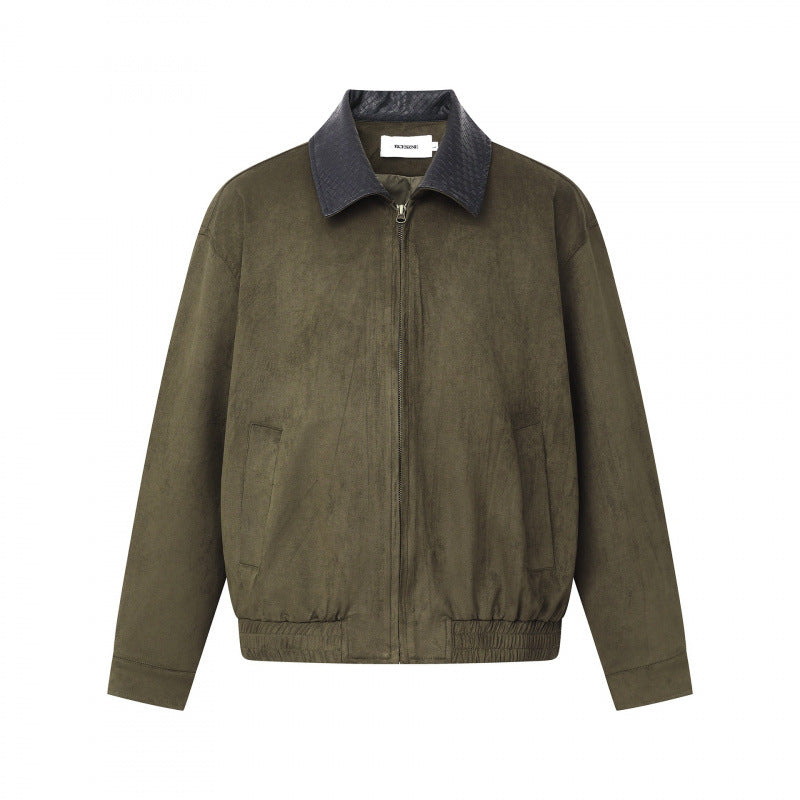 Men's short-cut bomber jacket in suede look with structured collar, front zipper and elastic hem Mune Fashion