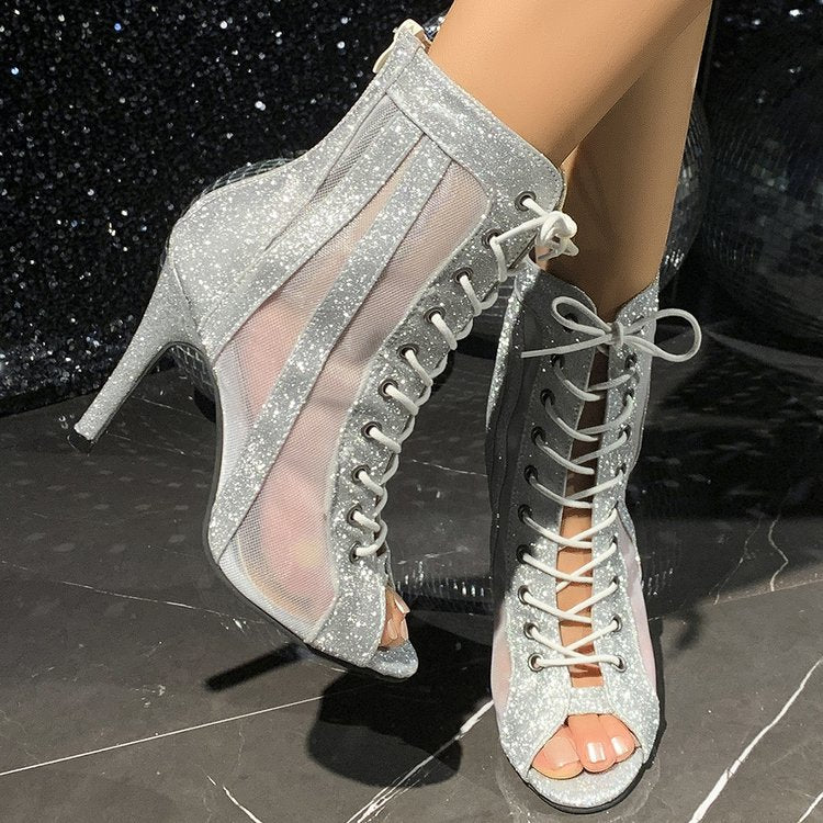 Women's Glitter Peeptoe Ankle Boots with Mesh Inserts, Lacing and Side Zipper Mune Fashion