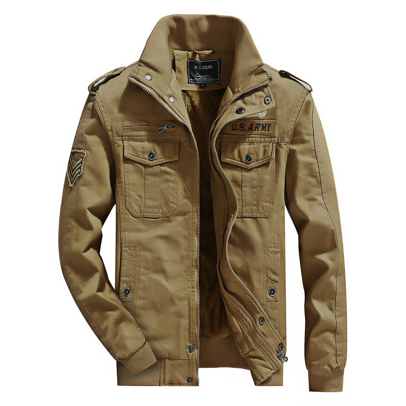 Men's Canvas Field Jacket in Utility Style with Warming Fleece Lining and Shoulder Patches Mune Fashion