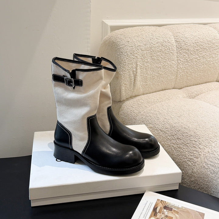 Women Mid-Calf Boots made of smooth leather and canvas with decorative buckle straps Mune Fashion