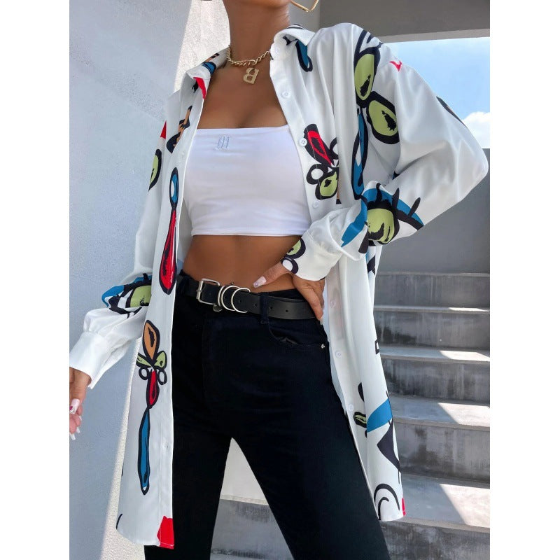 Women's Oversized Long Blouse with Pop Art Print, Shirt Collar and Continuous Button Placket Mune Fashion