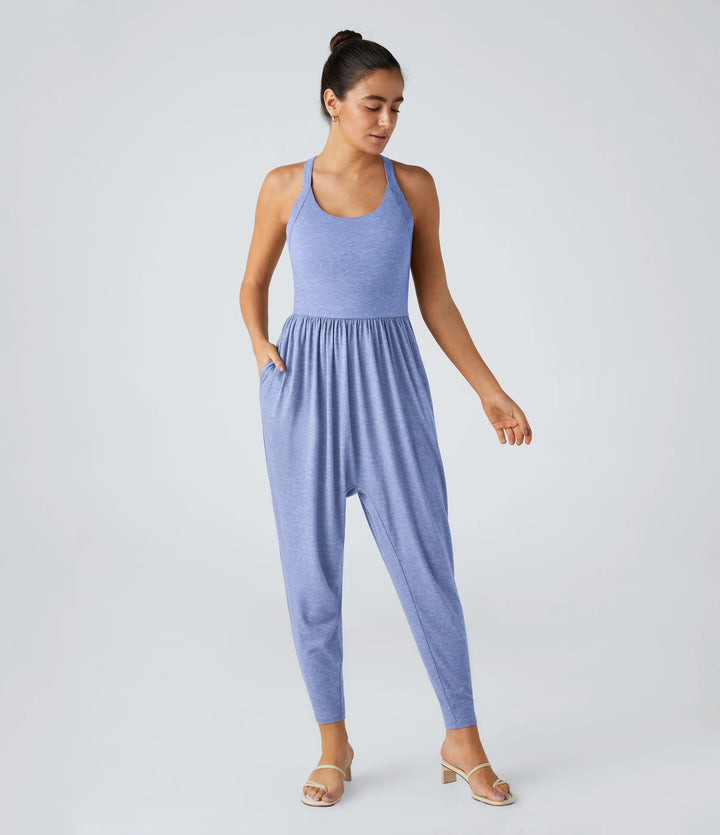 Women's casual jersey jumpsuit with racerback, smocked waist and side pockets Mune Fashion