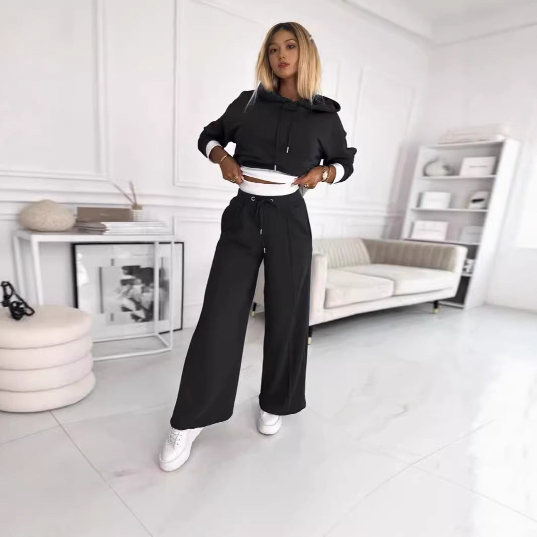 Women's Cropped Hoodie and Wide High-Waisted Jogging Pants Set Mune Fashion