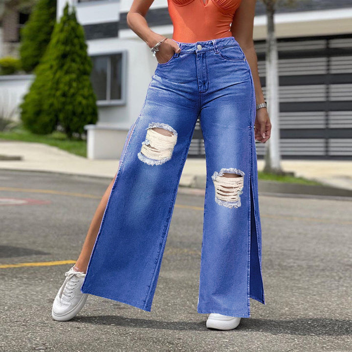 Ladies High-Waisted Wide-Leg Jeans with Knee Rips and Side Slits Mune Fashion