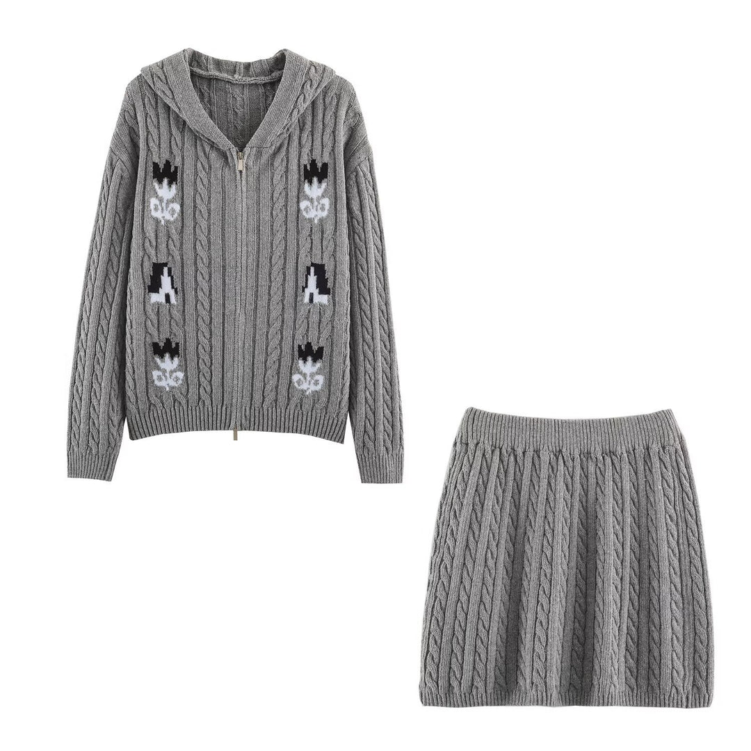 Women's Two-Piece Knit Set with Zipper Hoodie and Short Cable Knit Skirt Mune Fashion