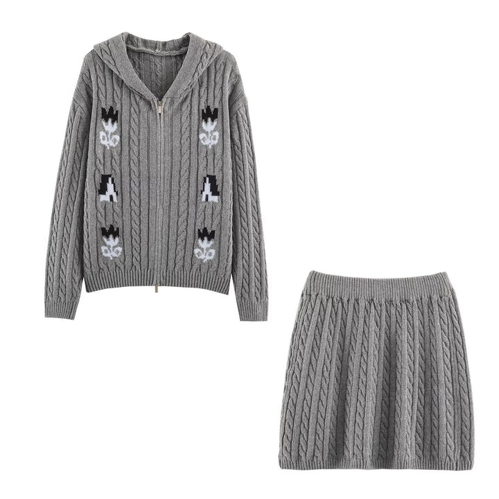Women's Two-Piece Knit Set with Zipper Hoodie and Short Cable Knit Skirt Mune Fashion