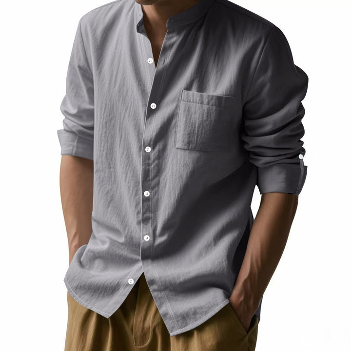 Men's linen shirt with stand-up collar and roll-up sleeves Mune Fashion