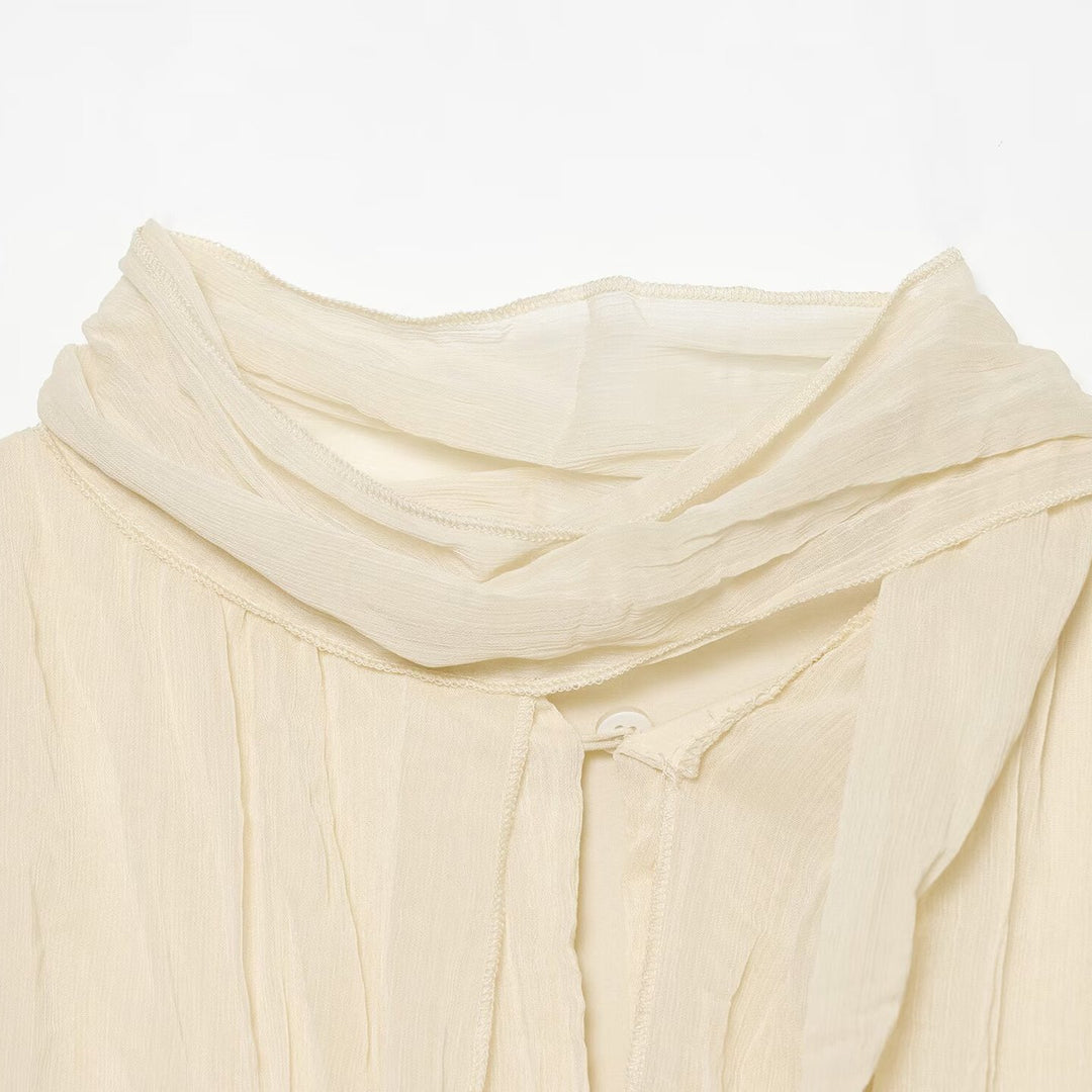 Women's Ruched Crinkle Blouse with Funnel Neck, Balloon Sleeves and Twisted Hem Mune Fashion