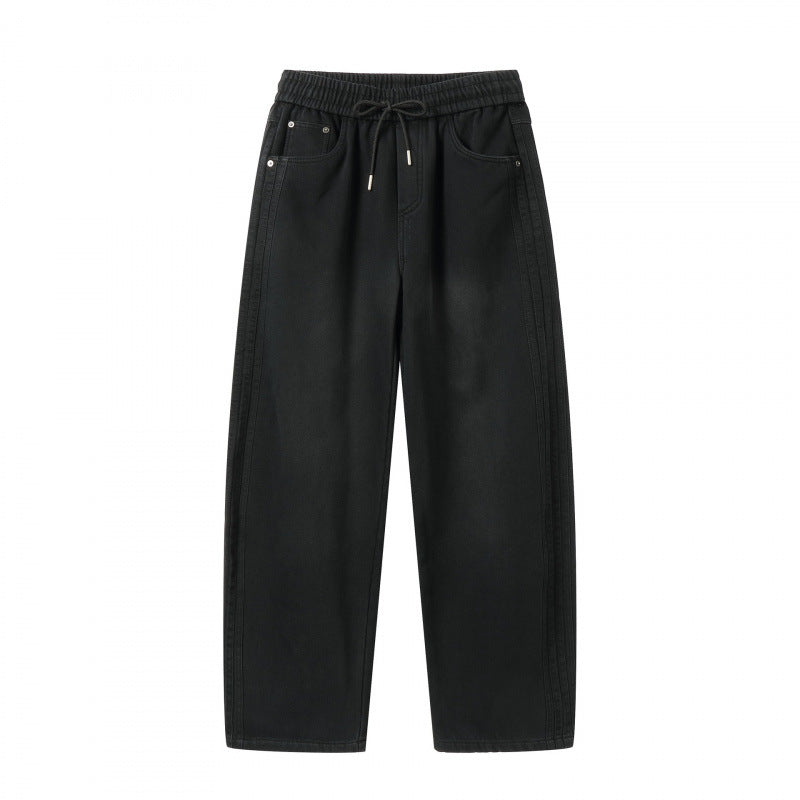 Unisex Loose Denim Pants with Elastic Waistband, Drawstring and Five Pockets Mune Fashion