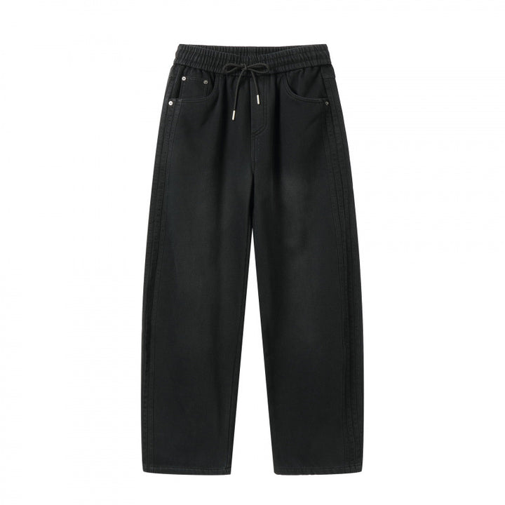 Unisex Loose Denim Pants with Elastic Waistband, Drawstring and Five Pockets Mune Fashion