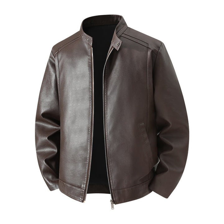 Men's Simple Faux Leather City Jacket with Stand Collar, Two-Way Zipper & Side Pockets Mune Fashion