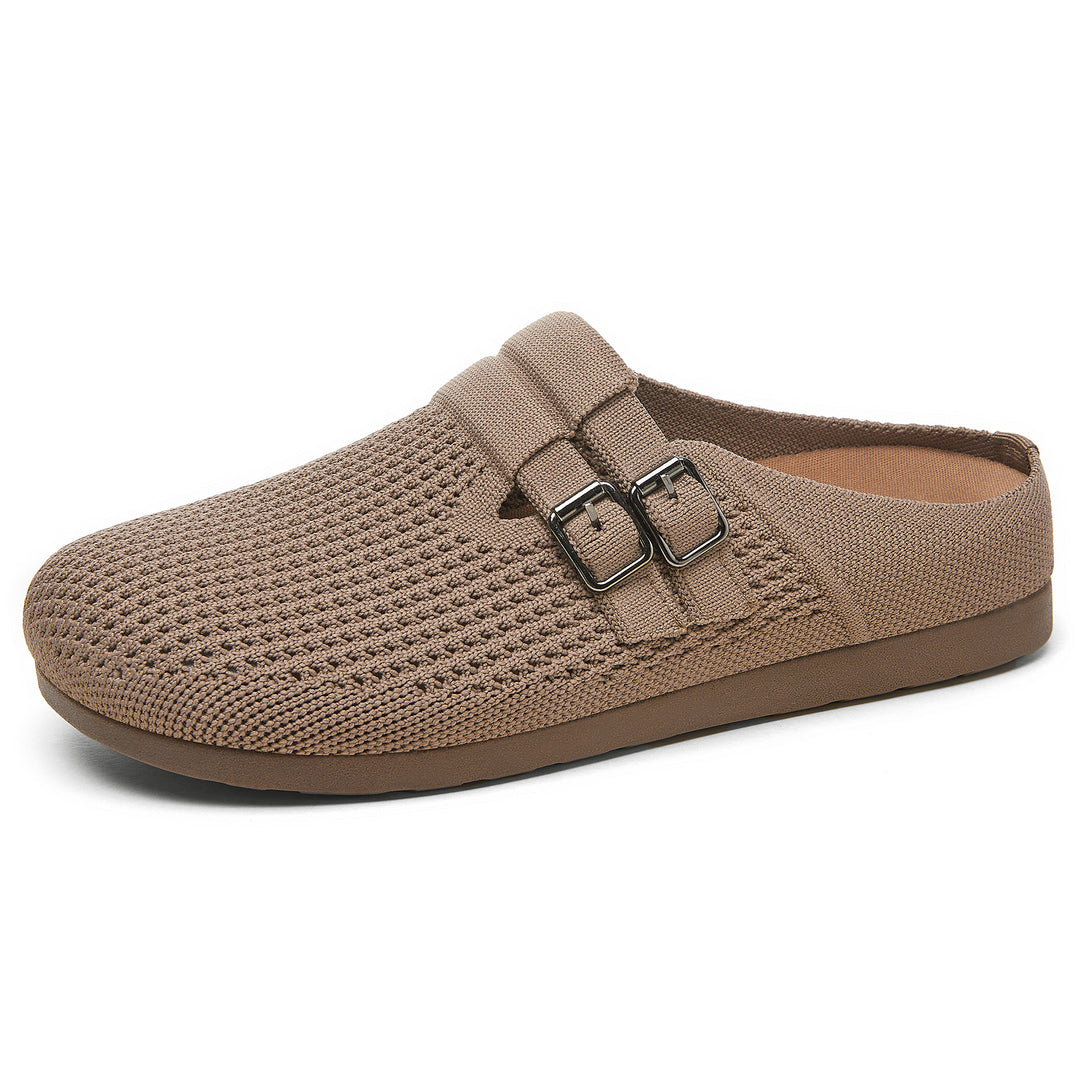 Women's knitted clog mule with double metal buckle, breathable 3D knitted upper and ergonomic memory footbed Mune Fashion