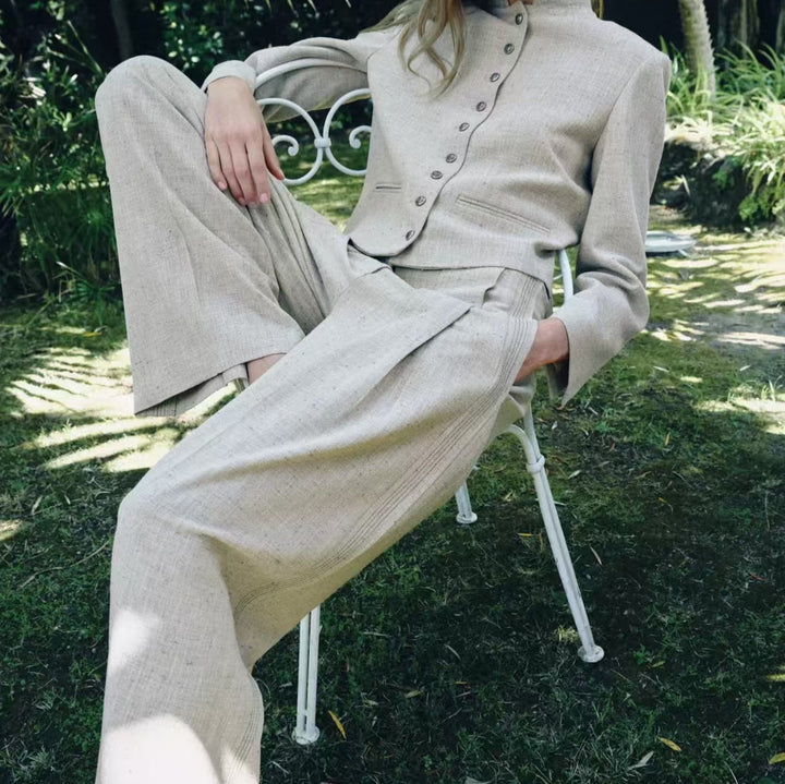 Women's Wide Linen Trousers with Darts and Decorative Stitches Mune Fashion