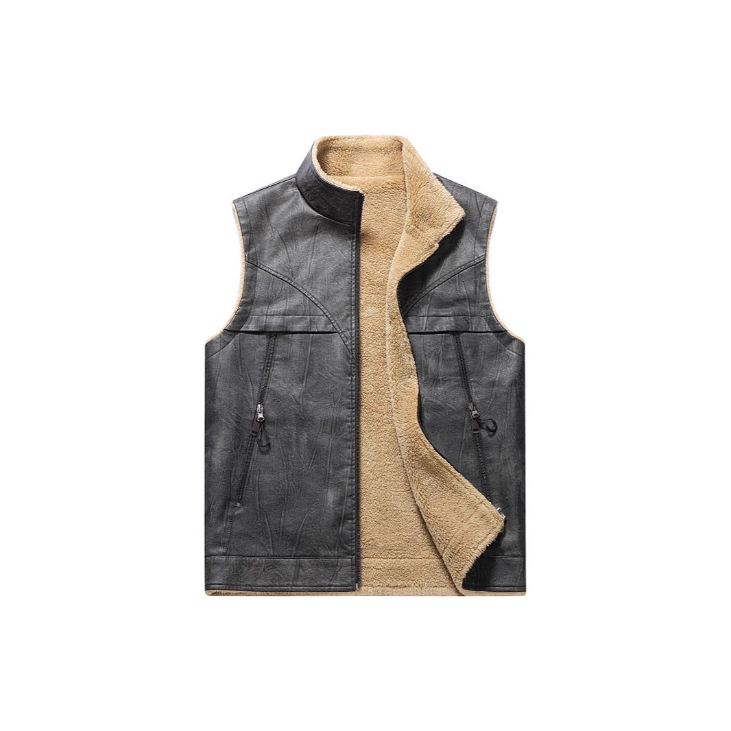 Men's Sleeveless Faux Leather Teddy Vest with Stand Collar and Zipper Pockets Mune Fashion