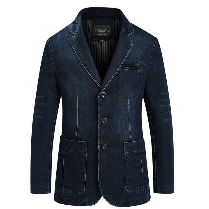 Men's denim blazer-style jacket with stretch, patch pockets, and lightweight lining.