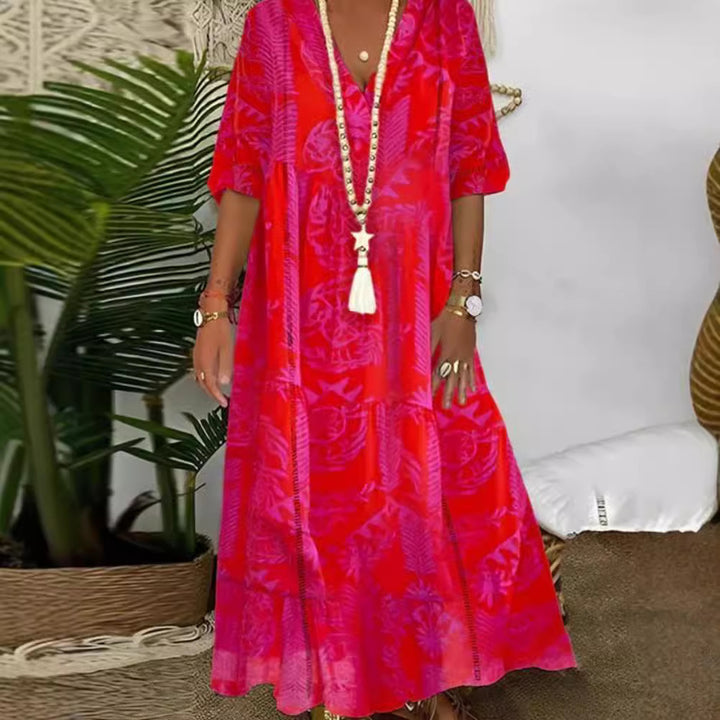 Ladies Boho Long Dress with Deep V-Neck, Tiered Cut and Casual Oversized Fit Mune Fashion