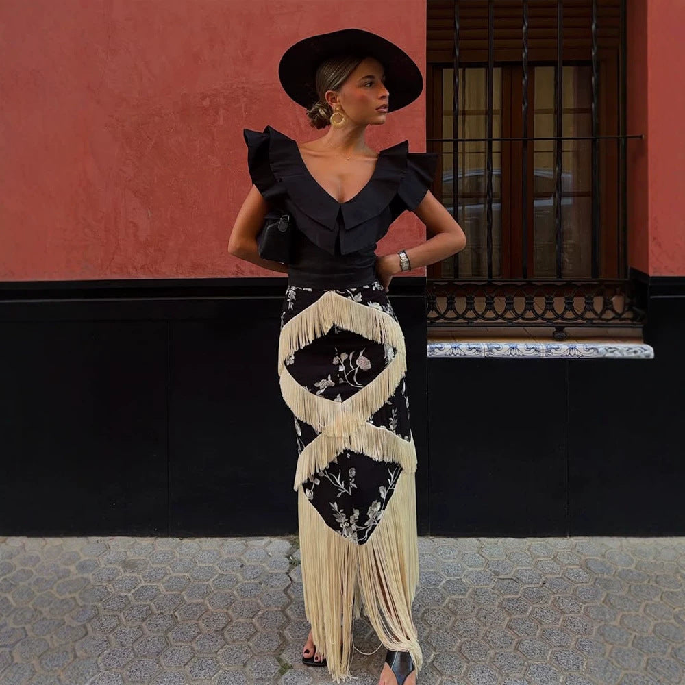 Women's Maxi Skirt with Floral Print & Layered Fringe Details Mune Fashion