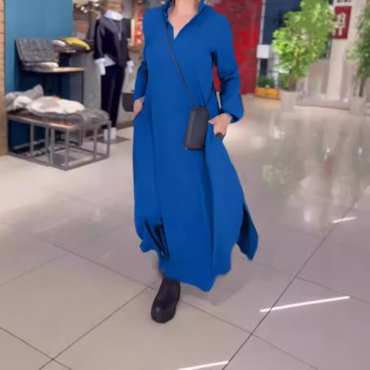 Women's flowing maxi dress with V-neck, boxy A-line, and long sleeves Mune Fashion