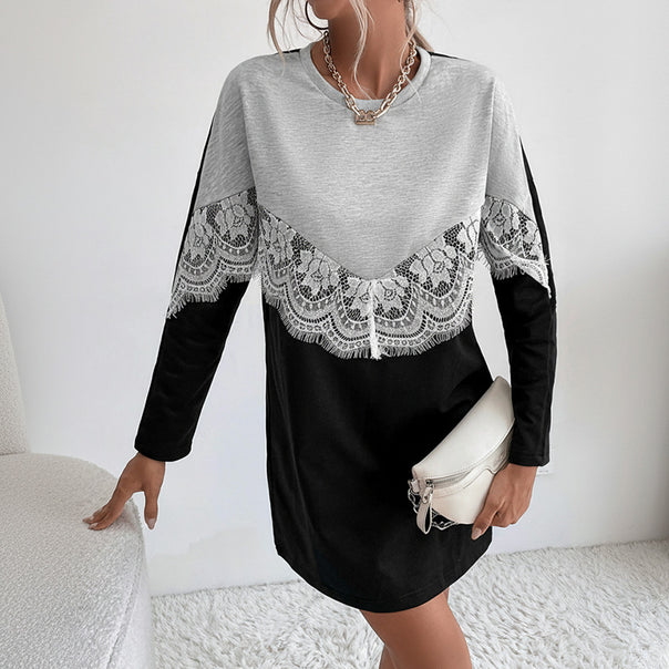 Women's long shirt dress with V-shaped lace appliqué and casual fit Mune Fashion