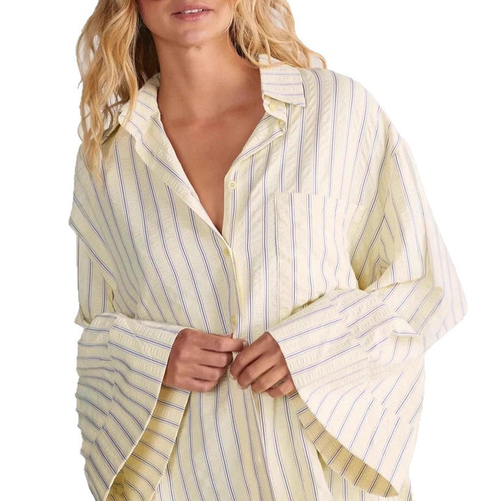 Women oversized shirt blouse with wide bell sleeves and fine striped pattern Drune