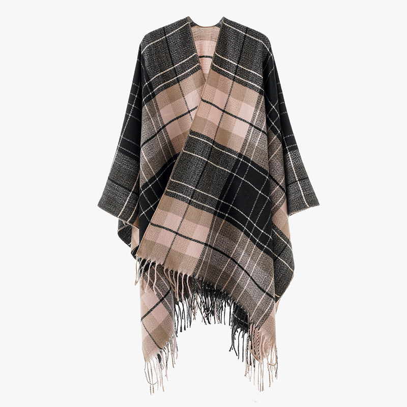 Women Oversize Kimono Cape Poncho in Check Pattern with Fringed Hem Mune Fashion