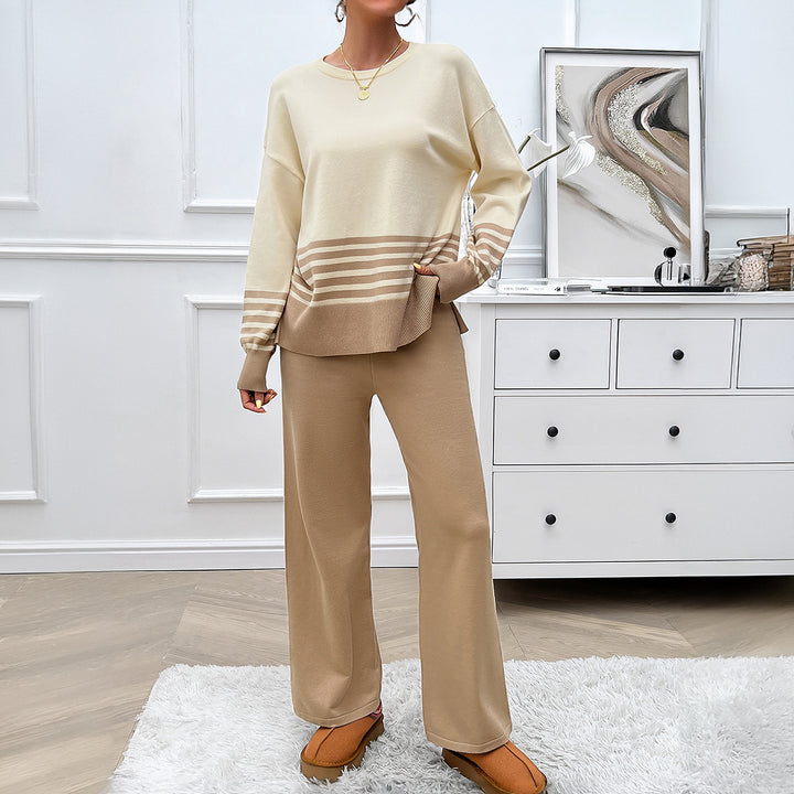 Ladies casual knit lounge set with striped round neck sweater, raglan sleeves and wide high-waisted pants Mune Fashion