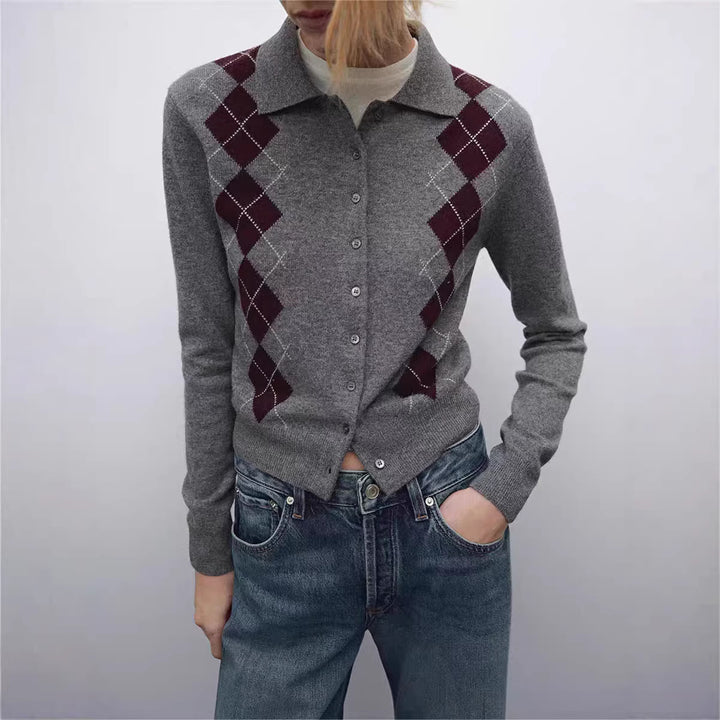 Women's fine knit cardigan with argyle pattern, polo collar, and tailored cropped fit Mune Fashion