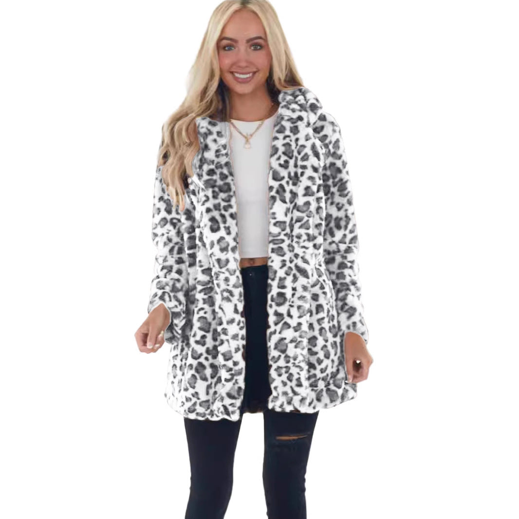 Women's Faux-Fur Leopard-Print Hooded Plush Mid-Length Coat Mune Fashion