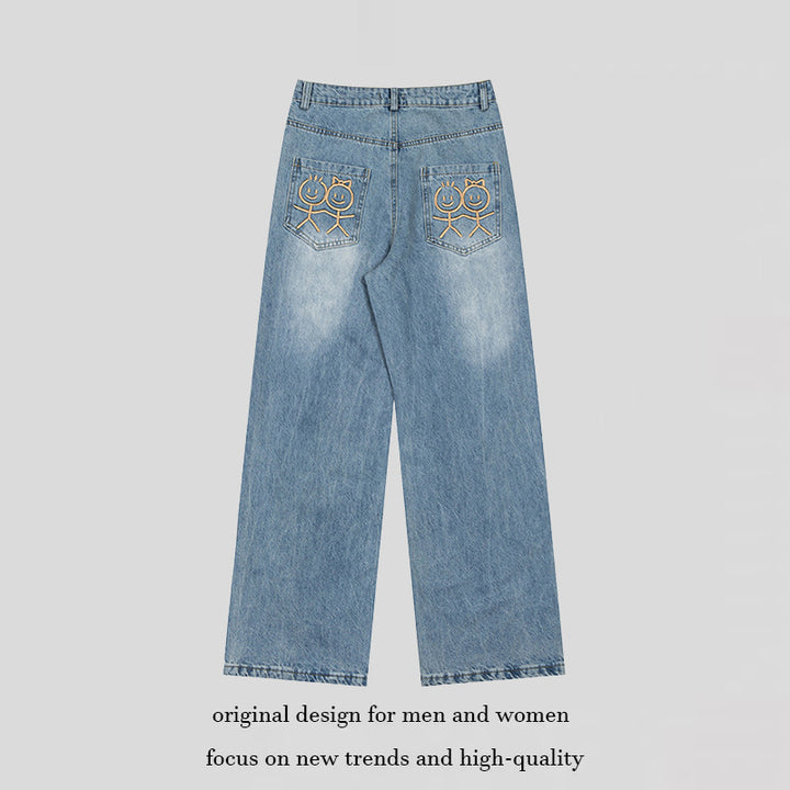 Women's wide high-waist jeans with straight, wide legs and embroidery on back pockets Mune Fashion