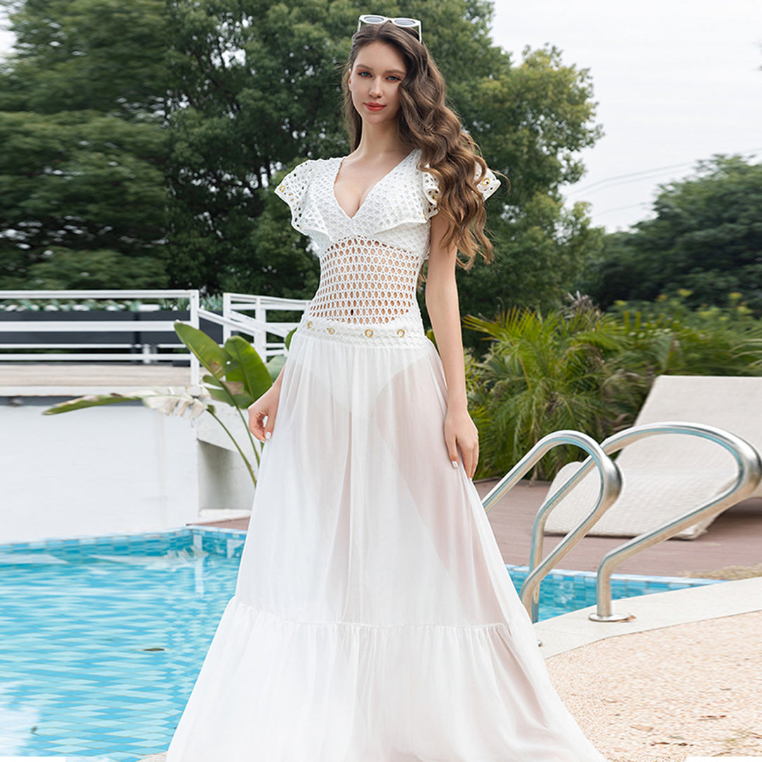 Women's bikini set with playful ruffles and long, airy beach robe Mune Fashion