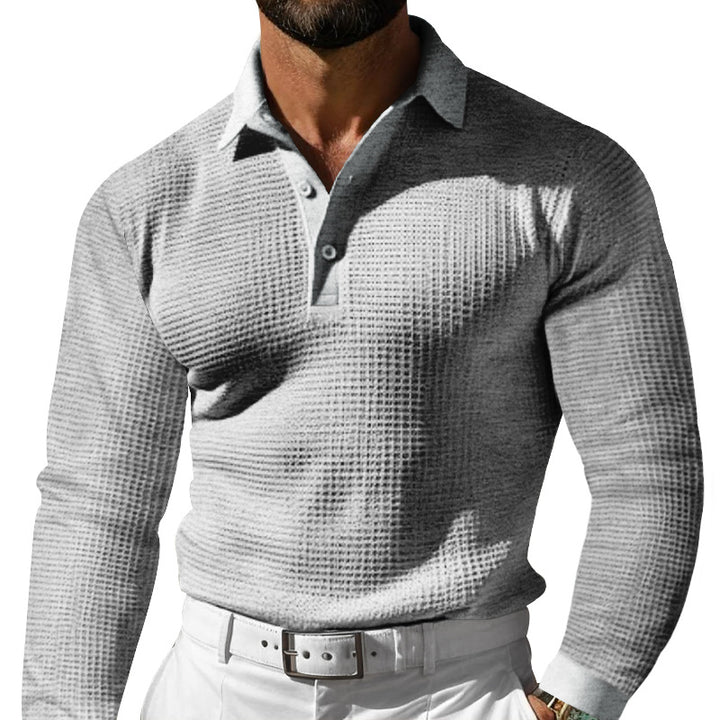 Men's Waffle Structure Polo Shirt with Long Sleeves, Slim Fit and Kent Collar Mune Fashion