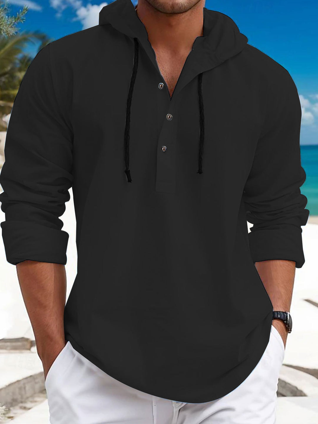 Men's summer hoodie henley with hidden button placket, drawstring and rounded hem Mune Fashion