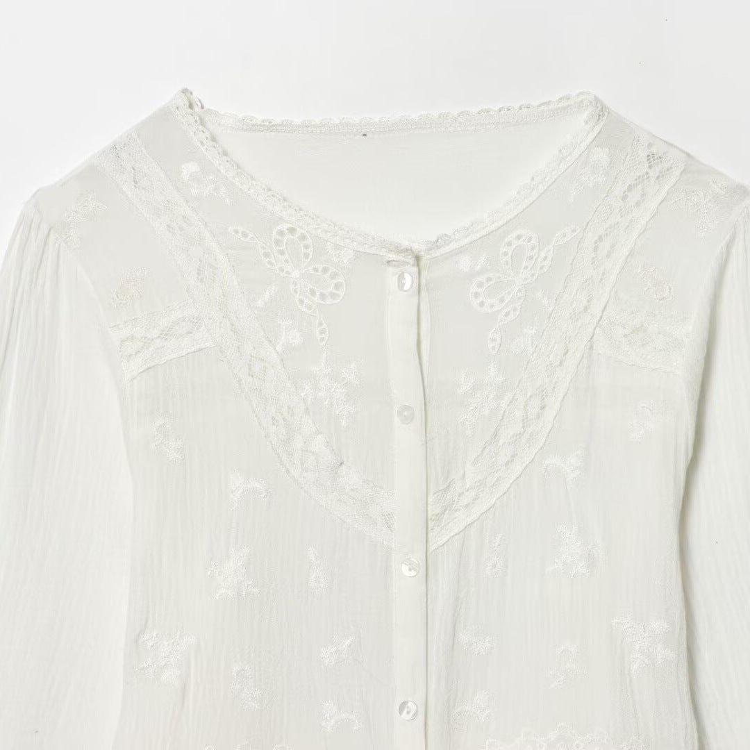 Women’s Light Embroidery Blouse with Lace Collar, Tie Waist and Button Placket Mune Fashion