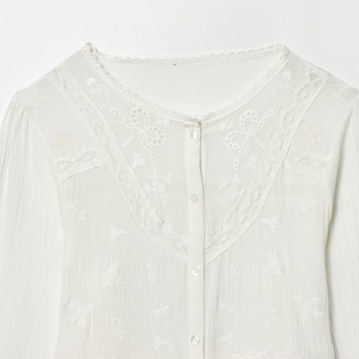 Women’s Light Embroidery Blouse with Lace Collar, Tie Waist and Button Placket Mune Fashion