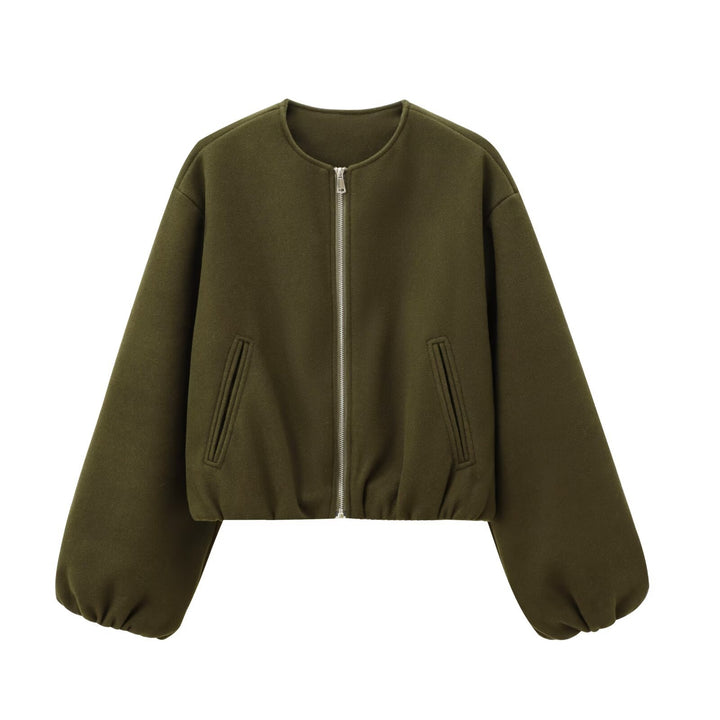 Women Short Bomber Jacket with Round Neck, Zipper and Elastic Hem Mune Fashion