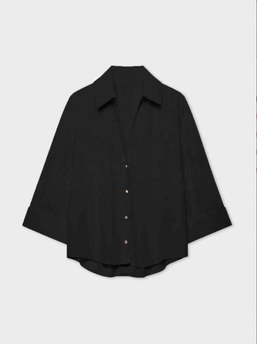 Women's Lightweight Oversized Linen Look Blouse with Three-Quarter Sleeves and Full Button Placket Mune Fashion